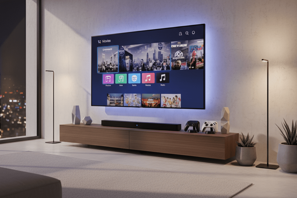 Wide shot of a smart TV and media console under ambient light, showcasing unified digital ecosystems in modern households