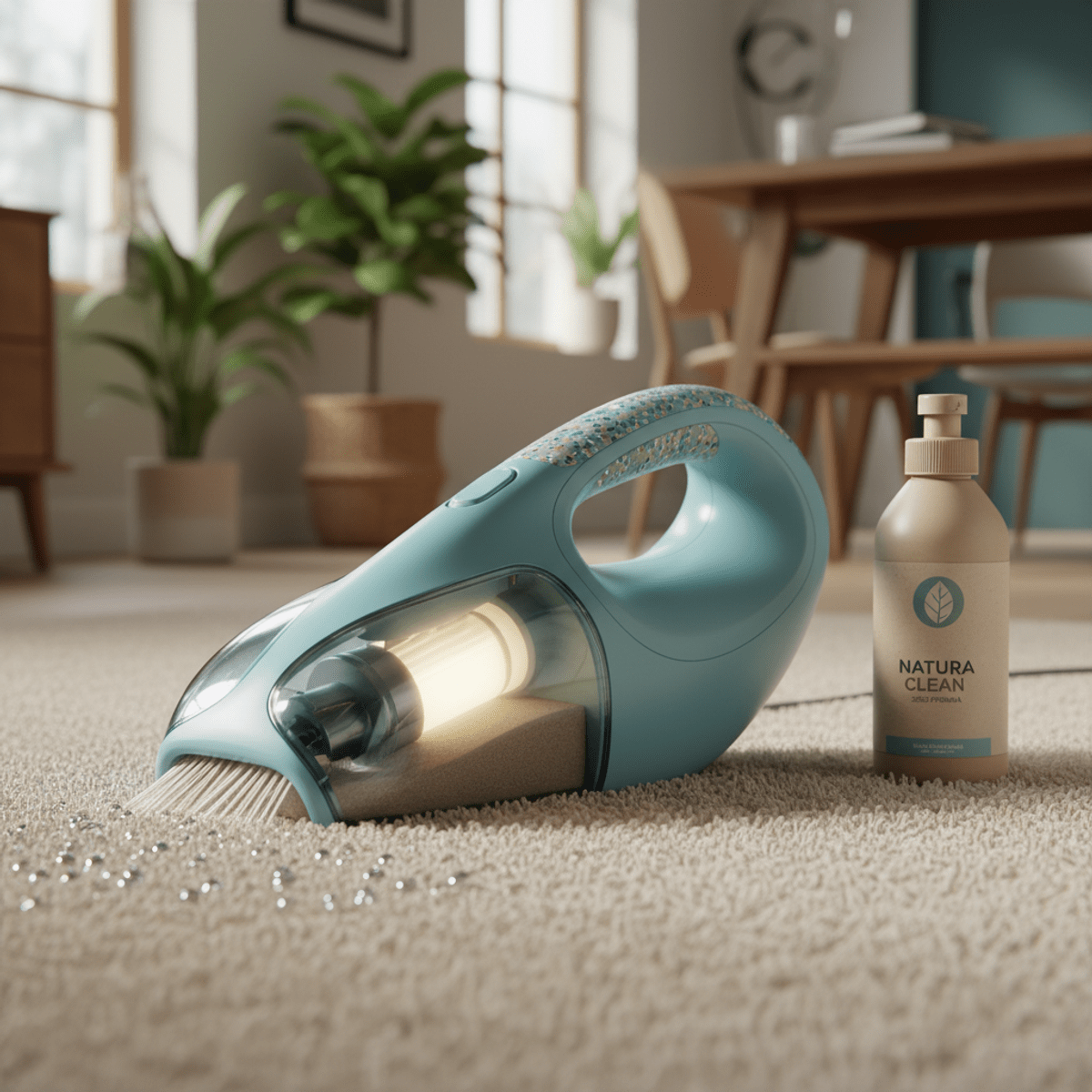 Eco-conscious futuristic carpet cleaner in action Futuristic handheld carpet cleaner with organic lines on a plush carpet.