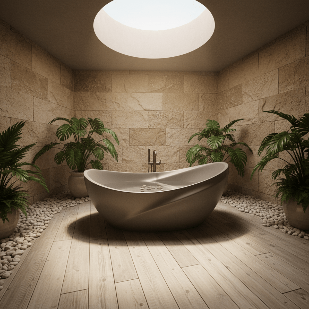 Serene eco-luxury bathroom with a matte gray bio-resin soaking tub and natural stone.