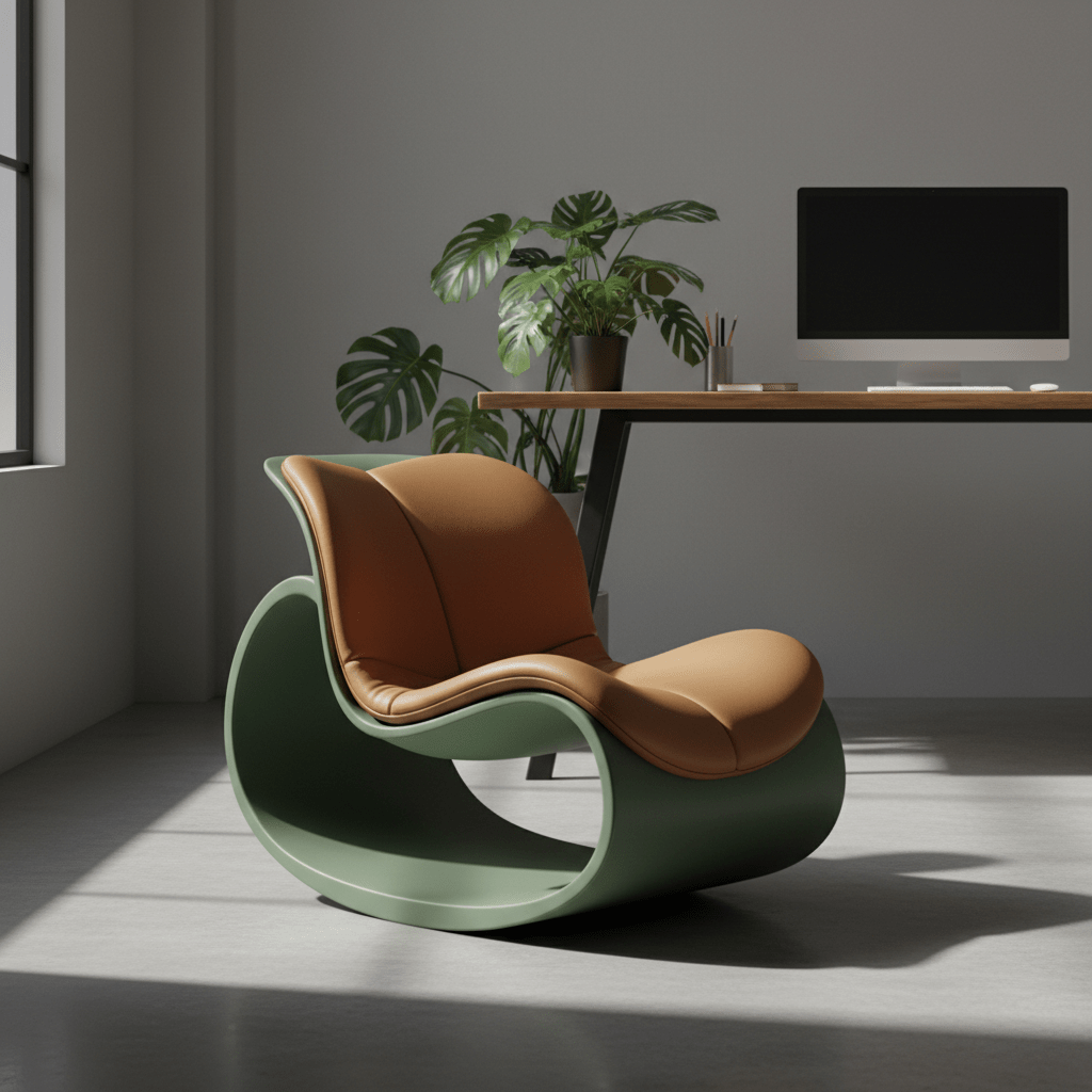 Contemporary ADHD chair with organic silhouette and sage recycled plastic frame.