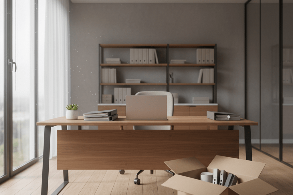 Professional desk setup with packed box and documents under natural light, symbolizing workplace succession planning
