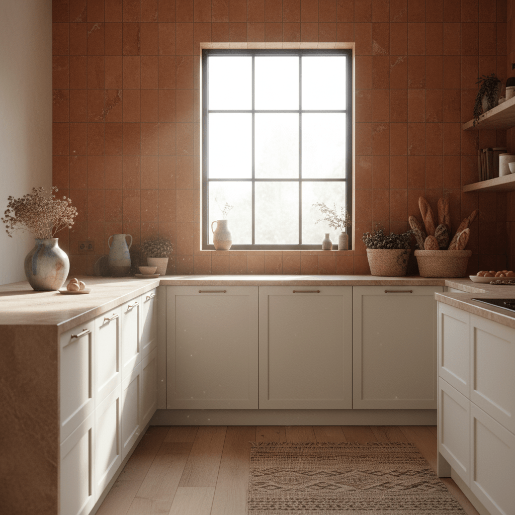 Modern rustic kitchen with matte terracotta tile accent wall and creamy white cabinetry.