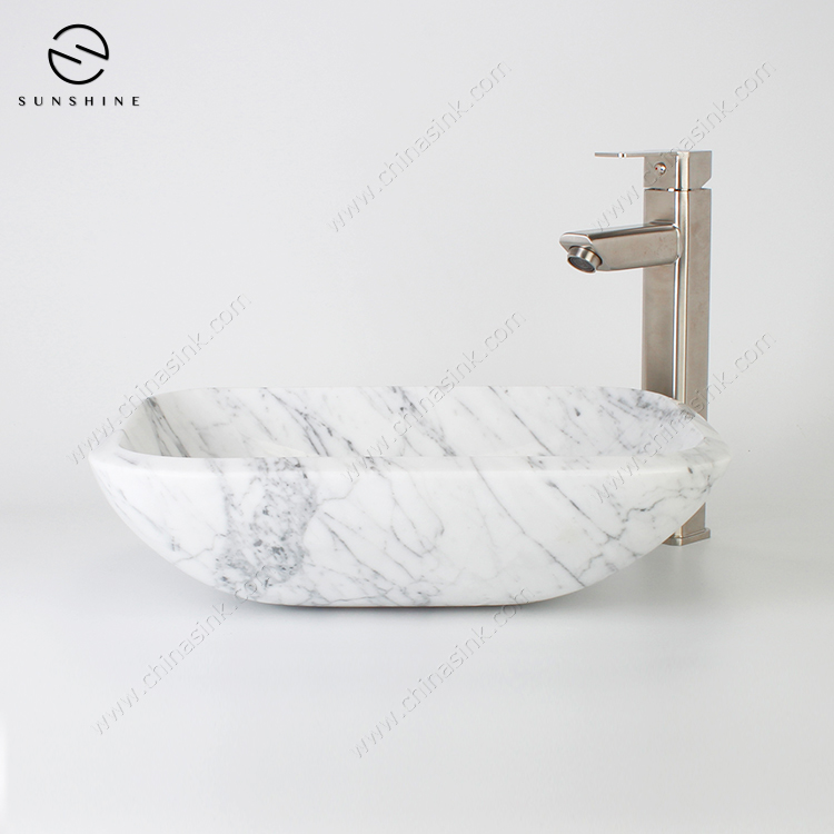 Luxury Bianco Carrara White Stone Rectangular Handmade Marble Bathroom Basin