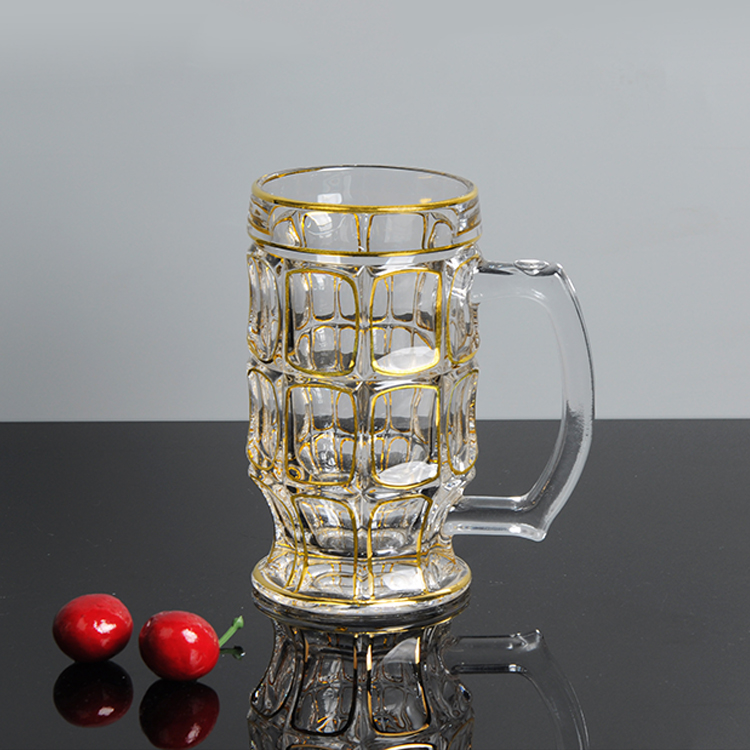 Новый дизайн стеклянная пивная чашка с ручкой, в золотой линии, 410 мл, D79 H150