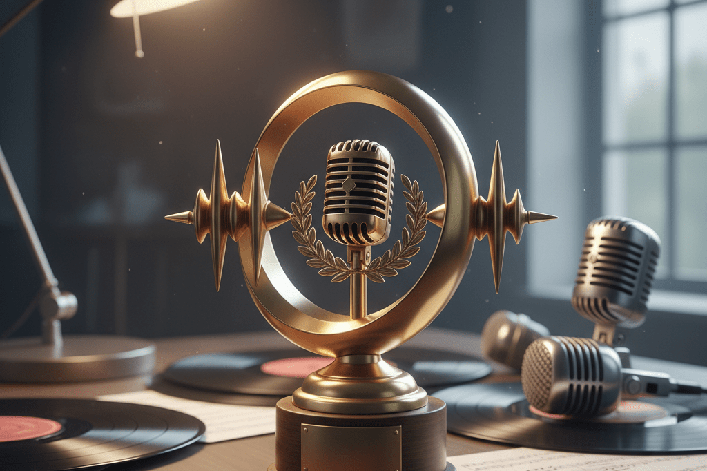 Detailed close-up of a gleaming award trophy amidst music-themed items, representing cultural capital conversion