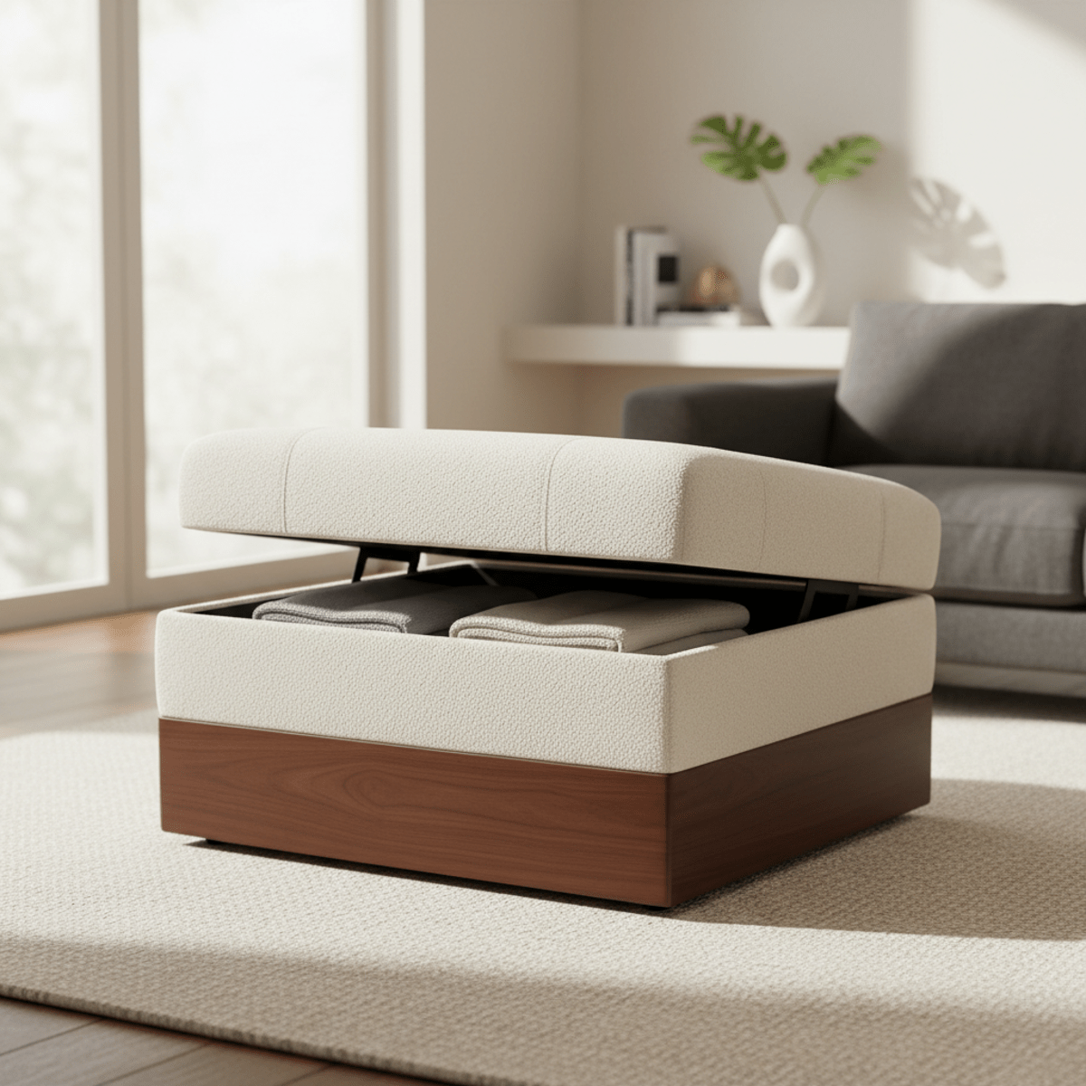 Sleek ivory bouclé ottoman with hidden storage in a minimalist living room.