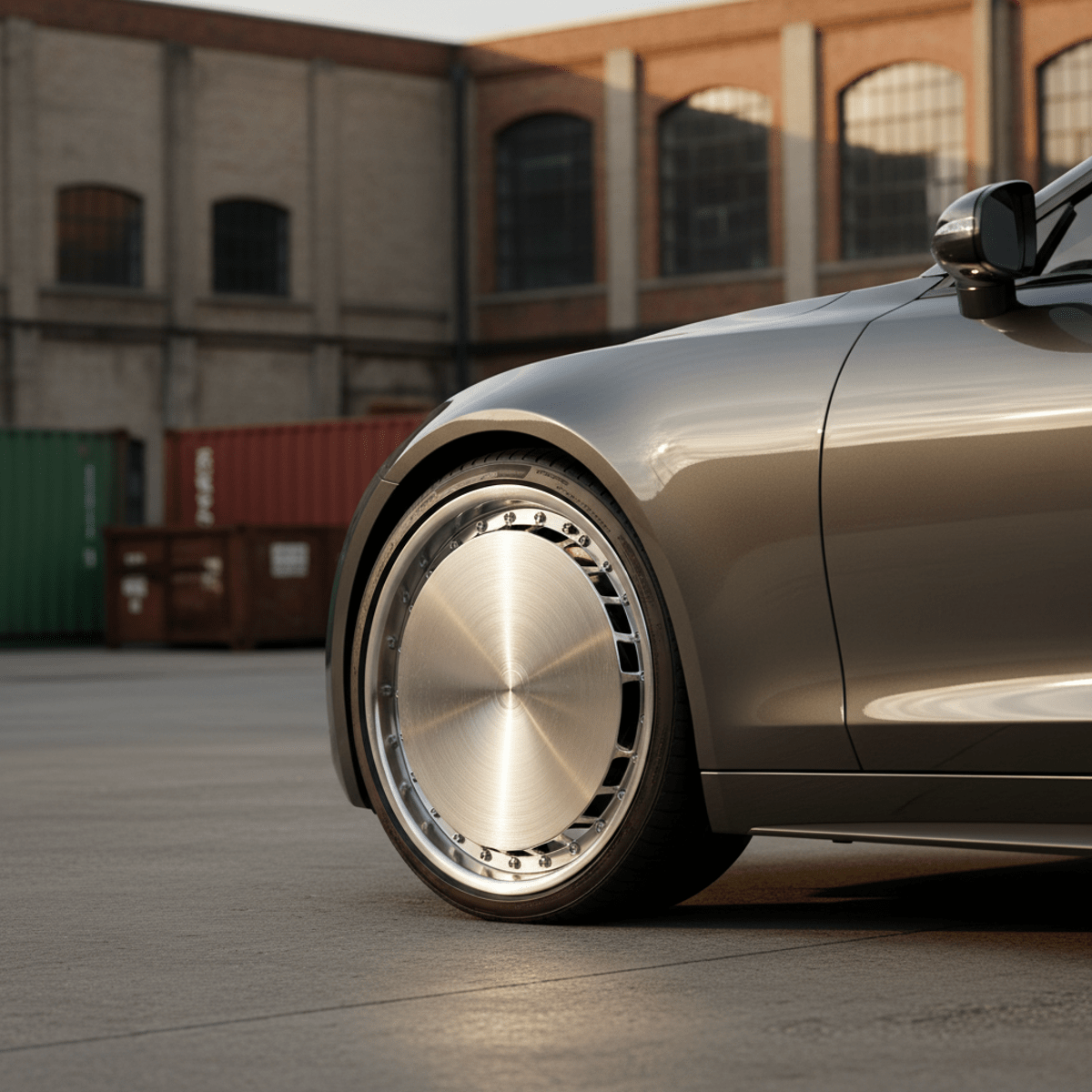 Brushed aluminum wheel reflects golden hour sunlight in an industrial setting.