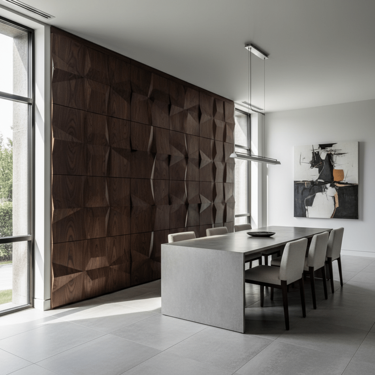 Dark walnut wall paneling with intricate CNC geometric carvings and a satin finish.