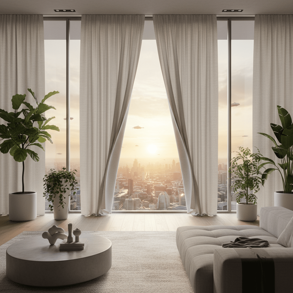 Futuristic living room with motorized curtains opening to a warm sunrise.