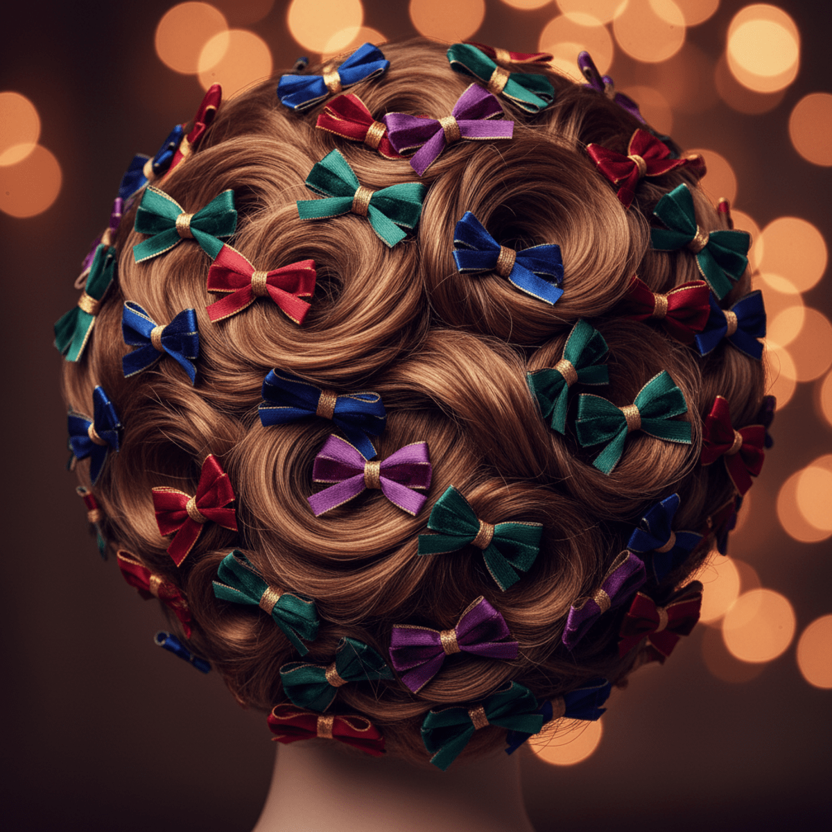 Intricate updo with flowing wavy hair adorned by jewel-toned satin and velvet bows.