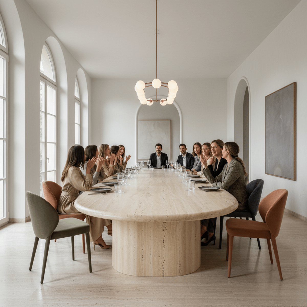 Elegant travertine dining table with upholstered chairs Spacious dining room with a large cream and beige travertine table and upholstered chairs.
