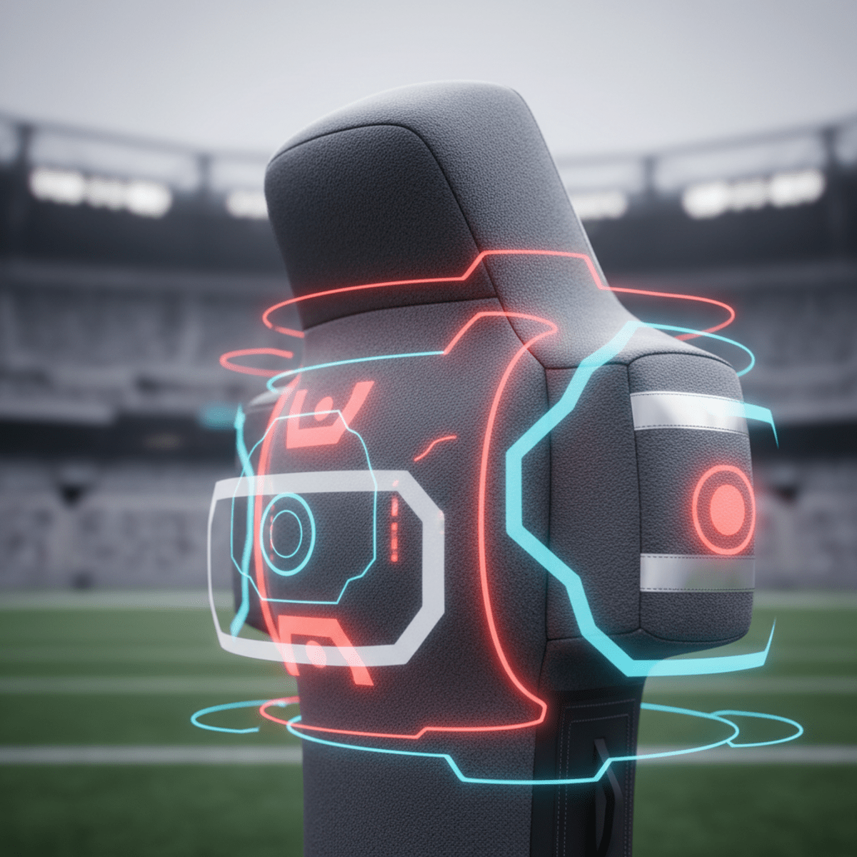 Football tackle dummy with translucent AR target zones and reflective strips in low light.