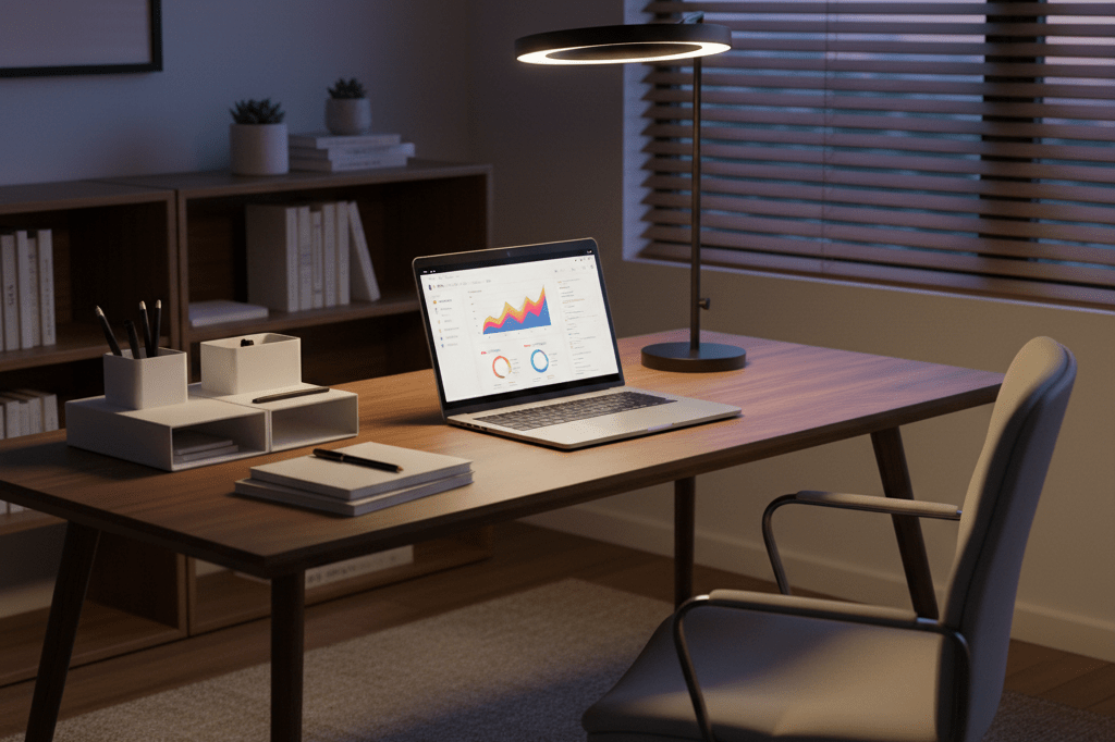 Desk setup featuring laptop, notebooks, and desk lamp under blended natural and artificial lighting symbolizing remote work efficiency