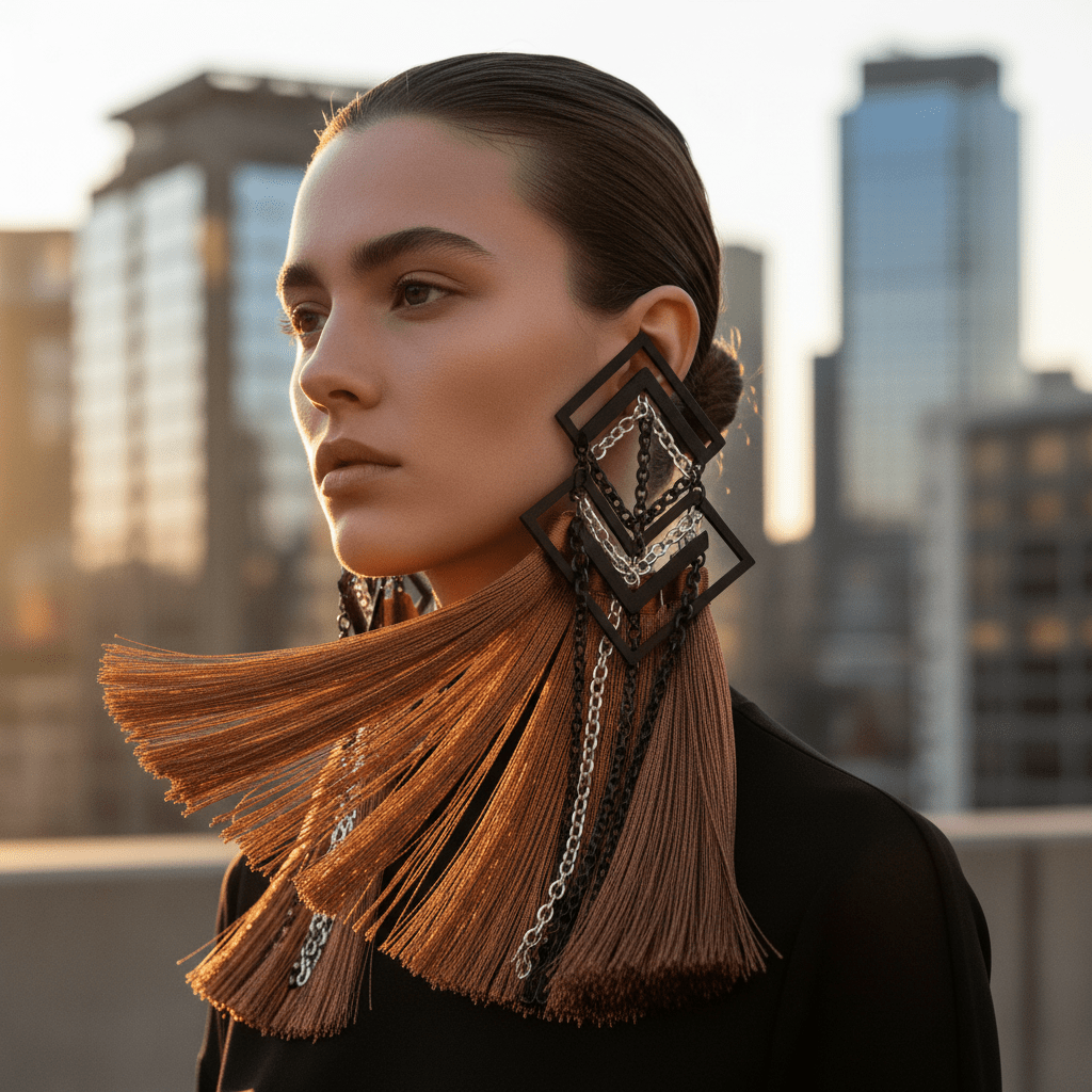 Warm bronze tassel earrings with matte black and silver chains in geometric formation.