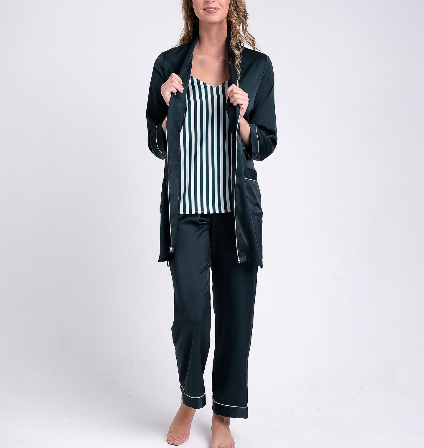 Женская пижама с длинными рукавами темно-зеленого и Королевского синего цвета, комплект из трех предметов с полосатой кофтой в полоску, комплект одежды для сна