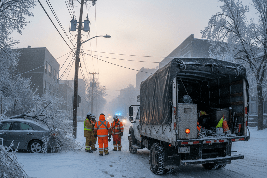 Snowy urban road with icy power lines and responders assessing damage after severe weather event