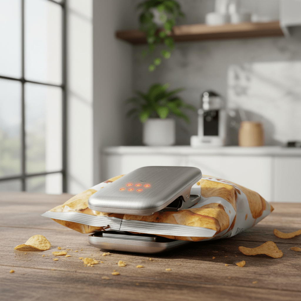 Modern bag clip seals chips on wooden kitchen counter. Futuristic stainless steel bag clip sealing chip bag on rustic wood.