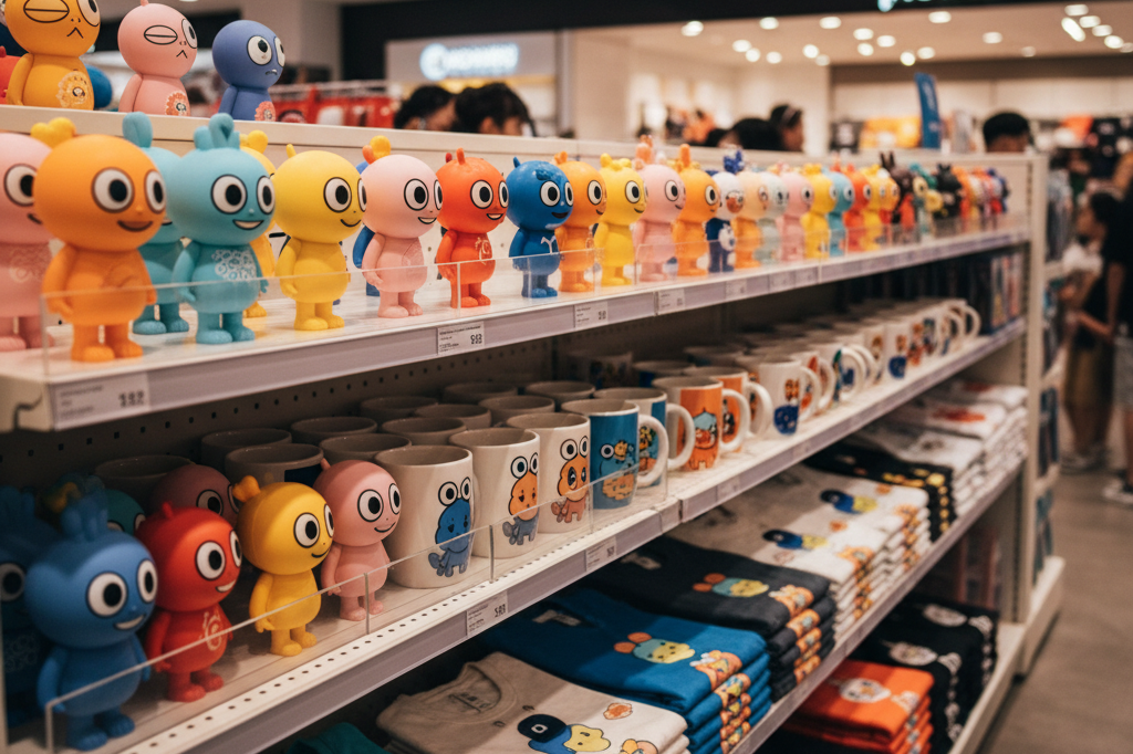 Shelf filled with colorful generic character merchandise lit by warm ambient light, reflecting entertainment-driven consumer trends