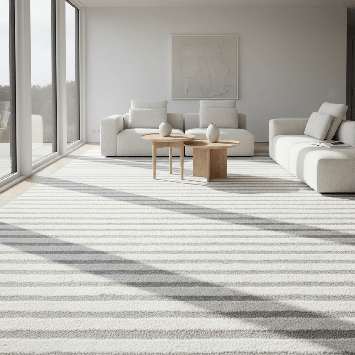 White ribbed carpet with linear stripes of alternating high and low pile.