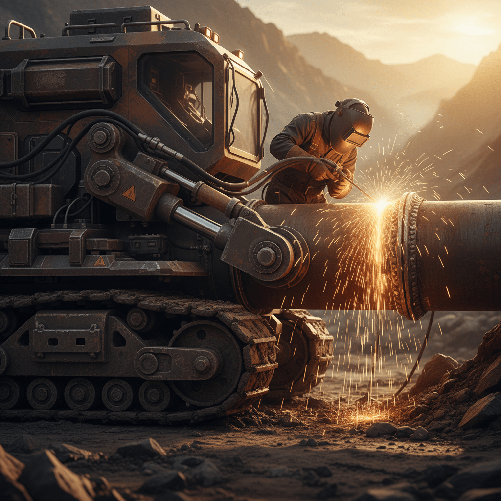 Futuristic welding plant on tracks, sparks flying, molten metal on pipeline in mountains.