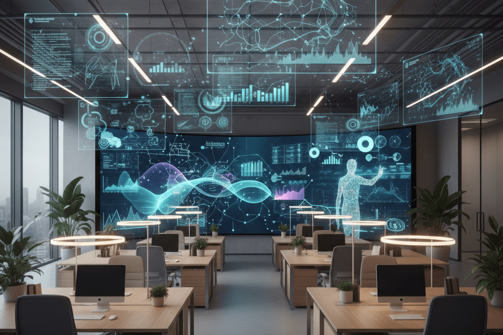 Modern workspace reflecting rapid cultural evolution over genetic adaptation Office setup with digital screens showing data visualizations under blended lighting, symbolizing fast-paced cultural change