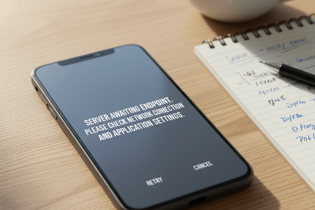 Photorealistic image of a smartphone showing an error message under natural desk lighting, symbolizing communication platform disruption.