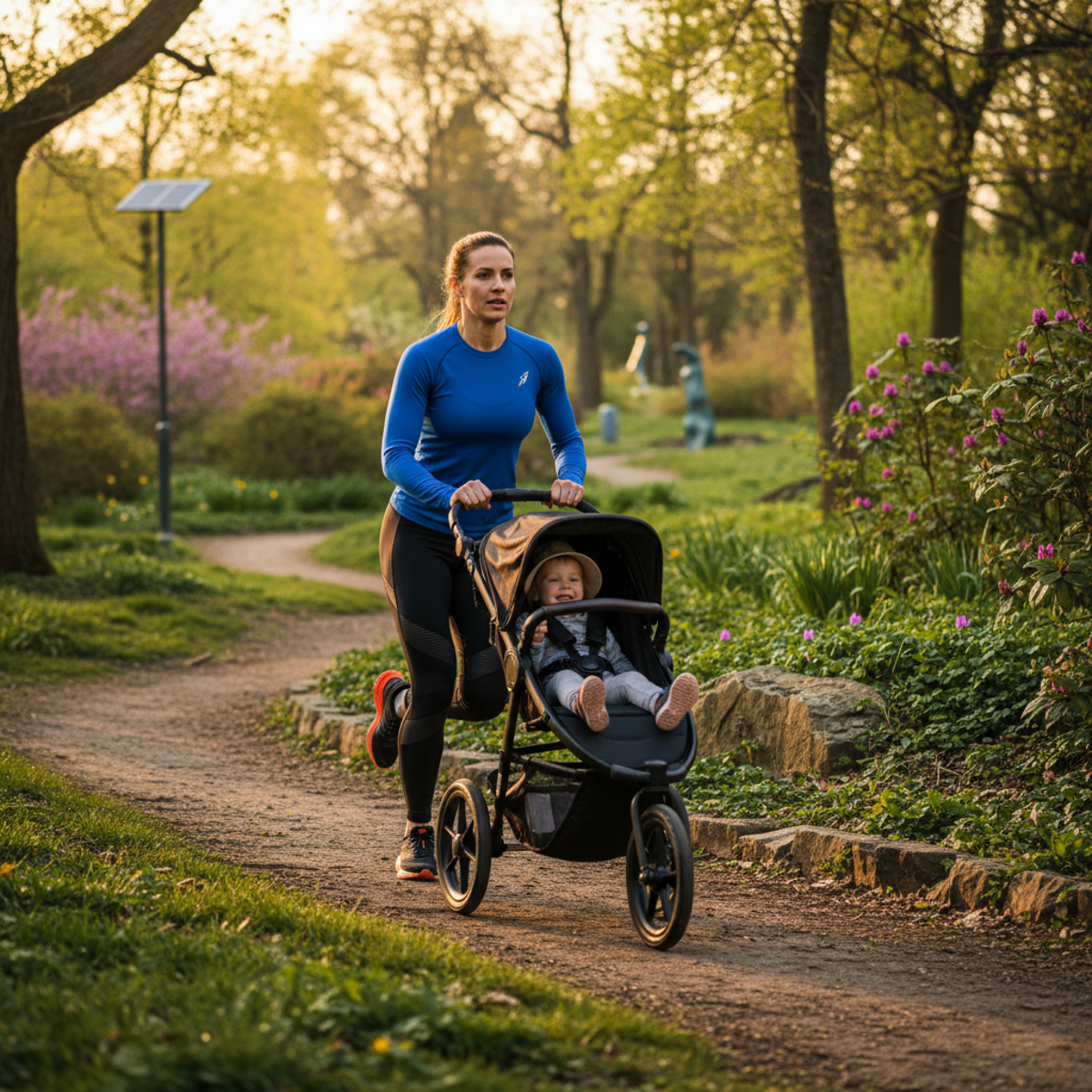 Mother sprints uphill with child in a stroller, muscles flexed, focused expression.