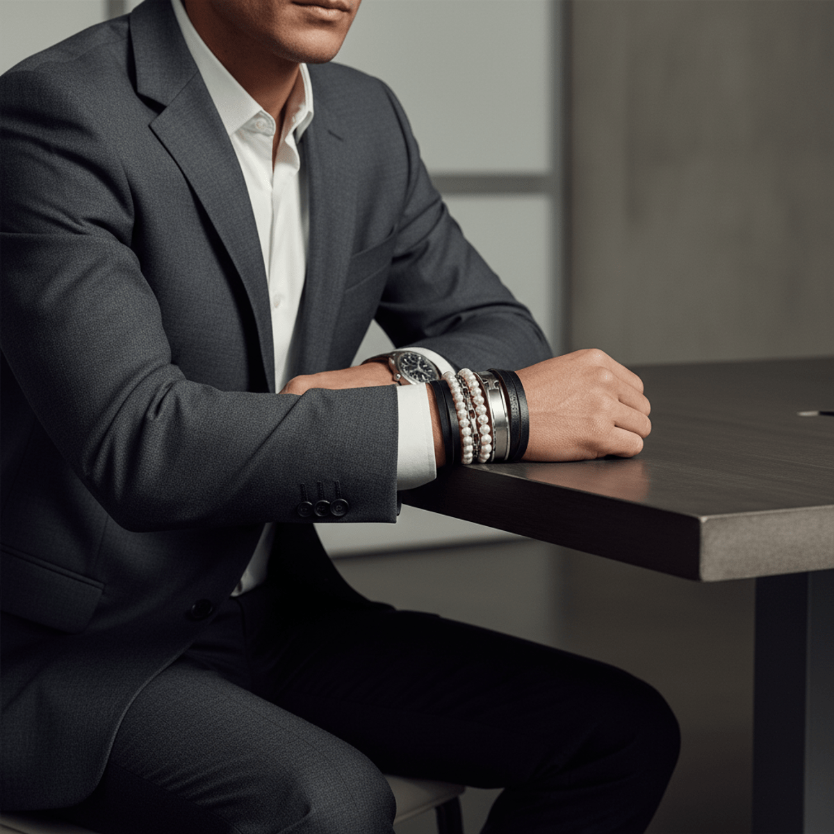 Man in suit at office desk wearing layered pearl, metal, and leather bracelets.