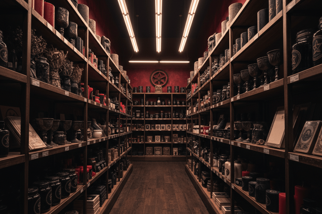 Wide shot of dimly lit store aisle featuring dark, horror-inspired decor and themed products under natural ambient lighting
