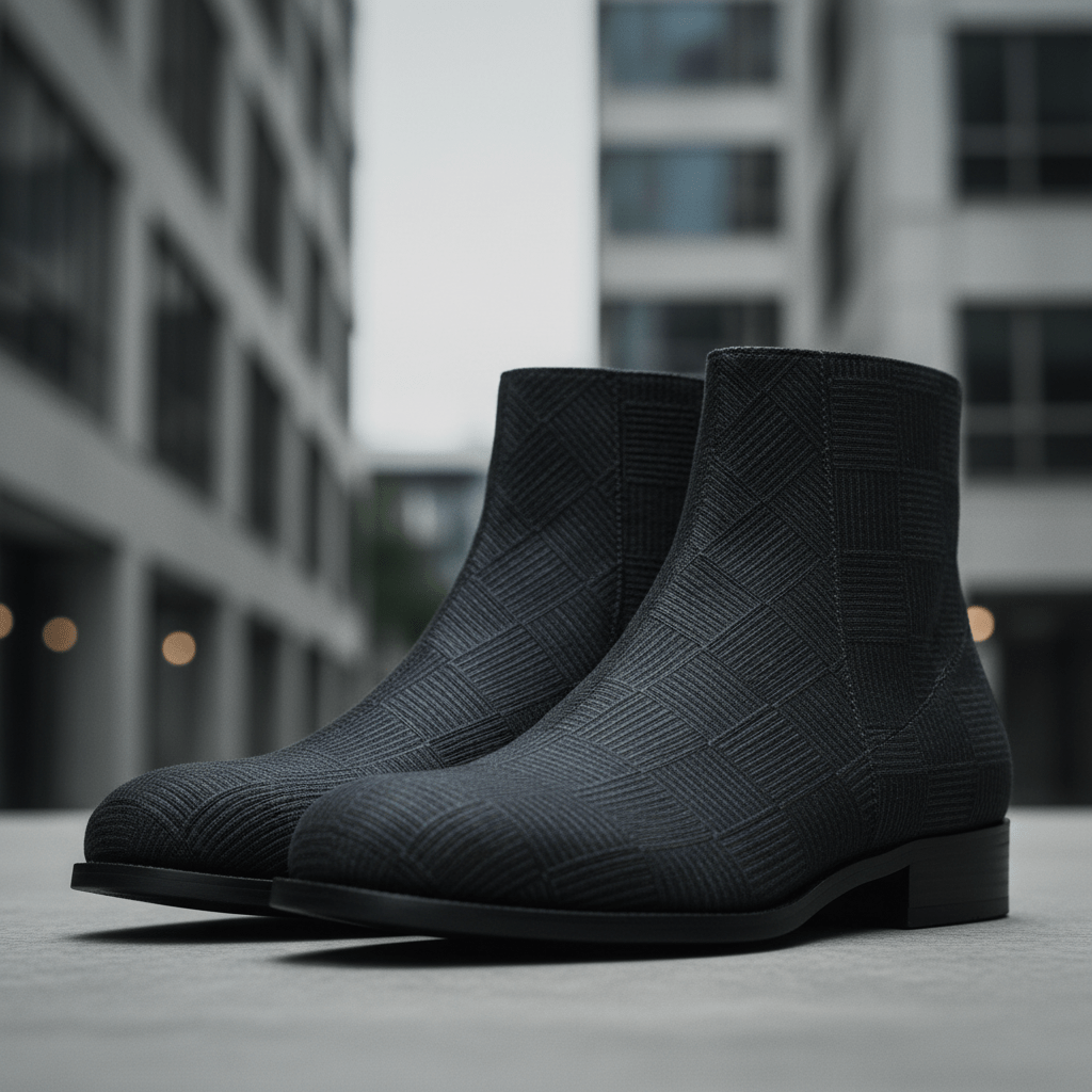 Sleek dark fabric ankle boots showcase intricate jacquard plaid pattern and rich texture.