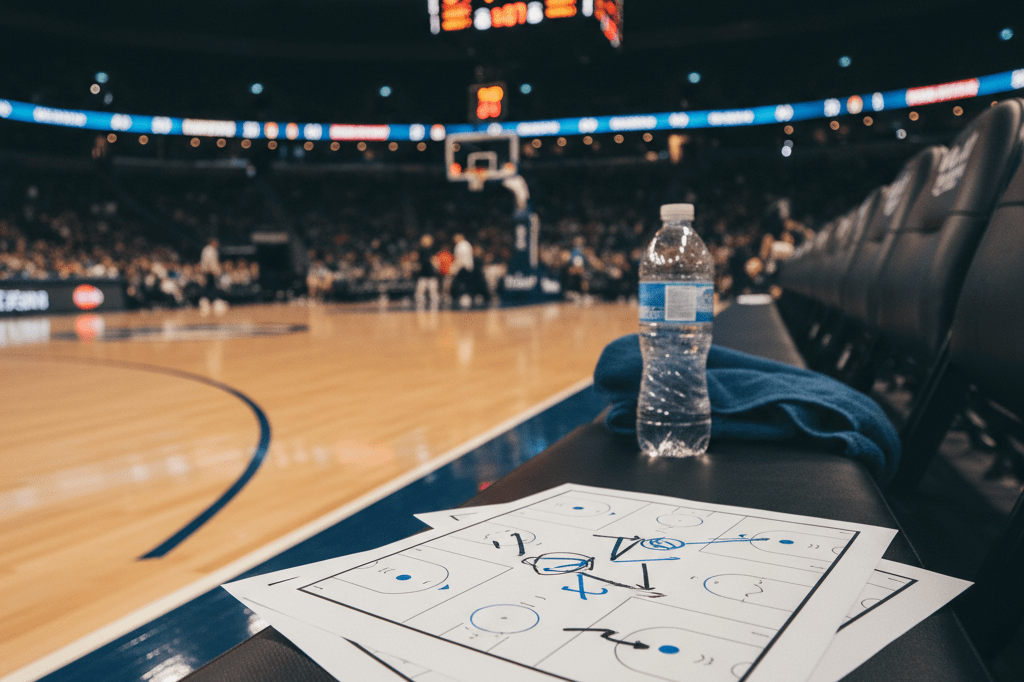 Wide-angle view of a basketball court with scoreboard, playsheets, and sideline items under arena lights symbolizing pressure-driven decision-making