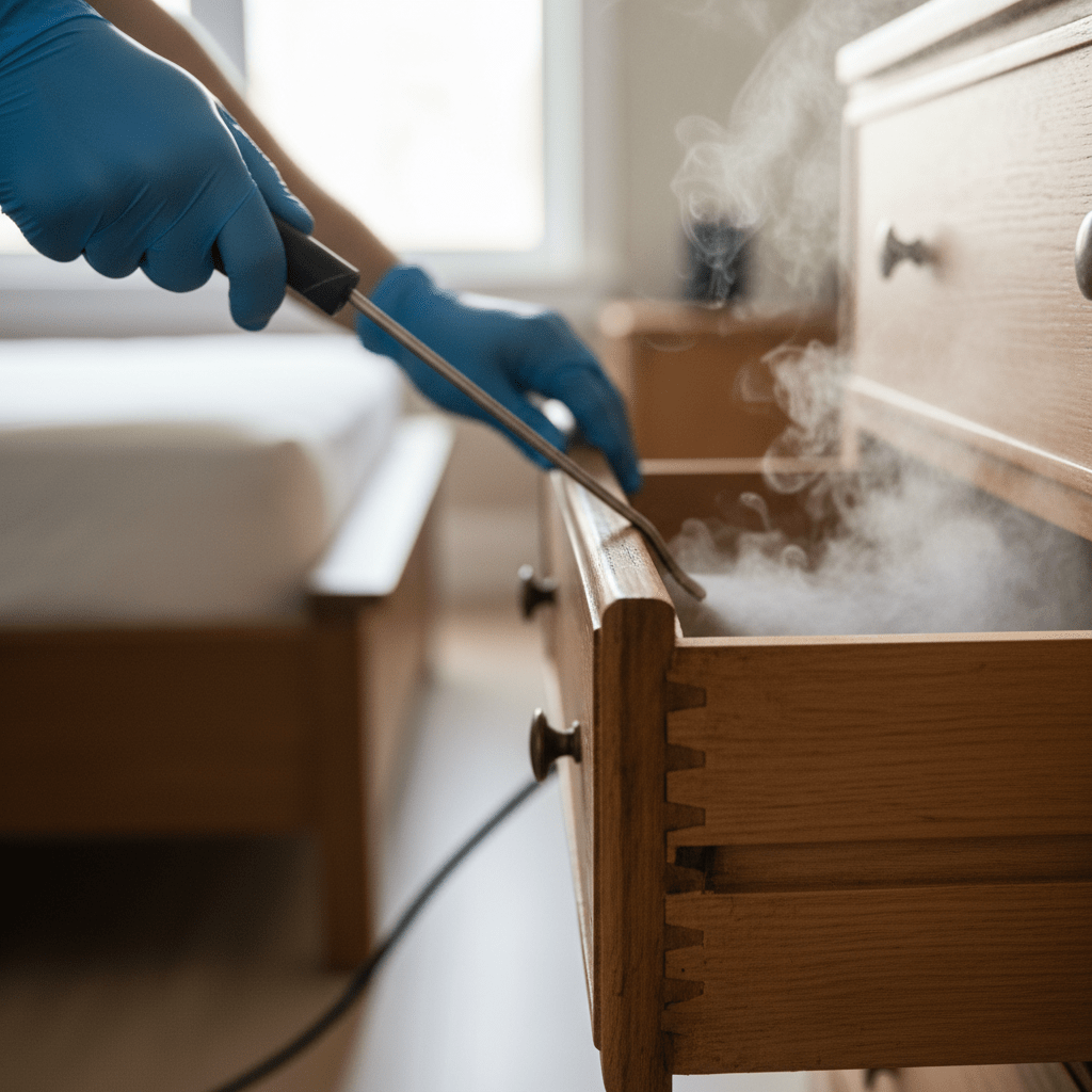 Worker uses steamer on wooden dresser drawer joints for bed bug treatment.