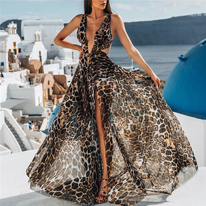 T002 Ladies zebra animal print dress long sleeve V-neck waist maxi silk sexy dress
