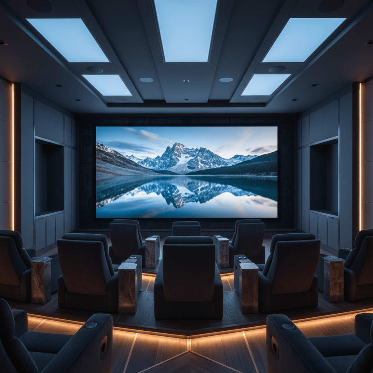 Futuristic dedicated media room with immersive 8K MicroLED home theater and plush seating.