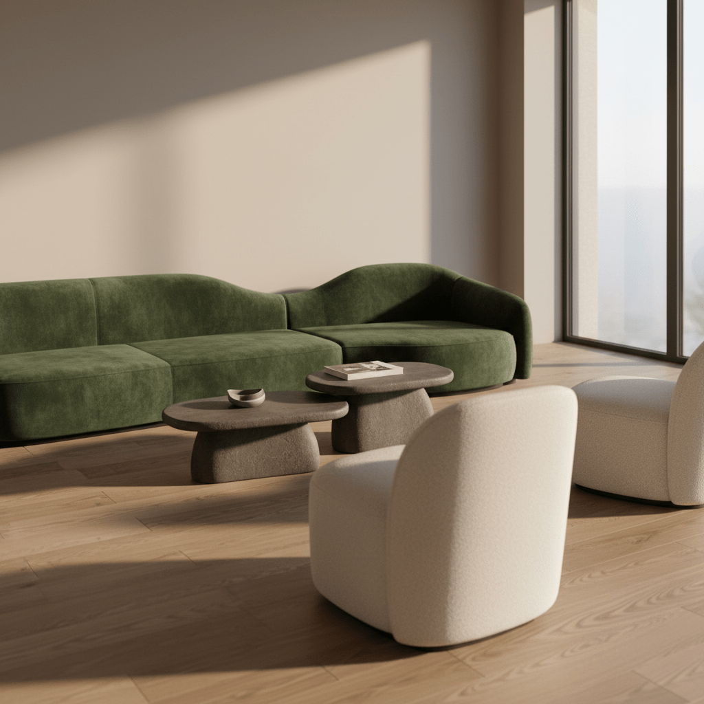 Modern living room with organic velvet sofa and stone coffee tables.