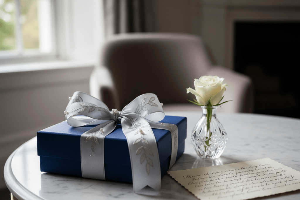 Close-up of an opulent gift box with ribbon and decorative elements bathed in soft natural light, evoking luxury proposal moments