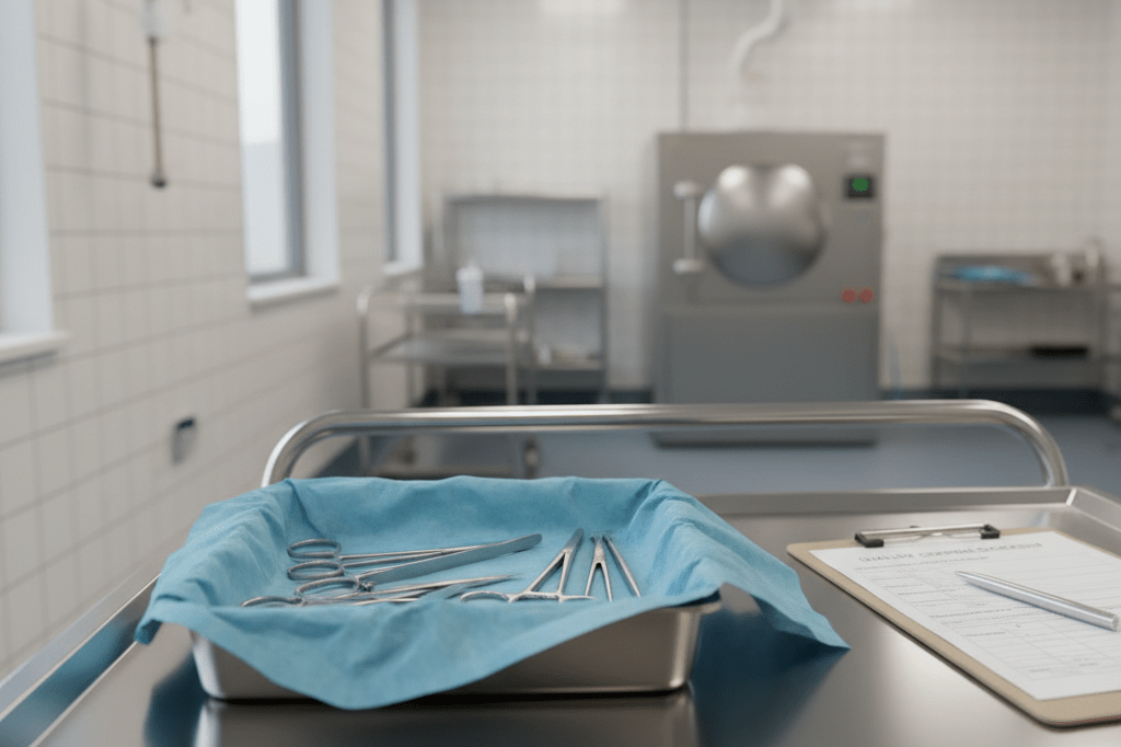 Medical instrument tray with surgical tools and sterilization materials under natural light, highlighting critical process steps