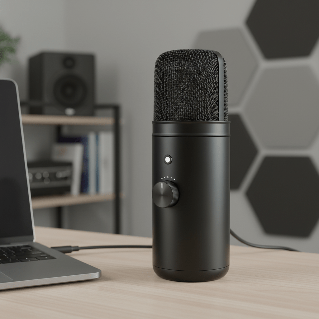 Sleek hybrid USB/XLR microphone on a wooden desk with a laptop and acoustic panels.
