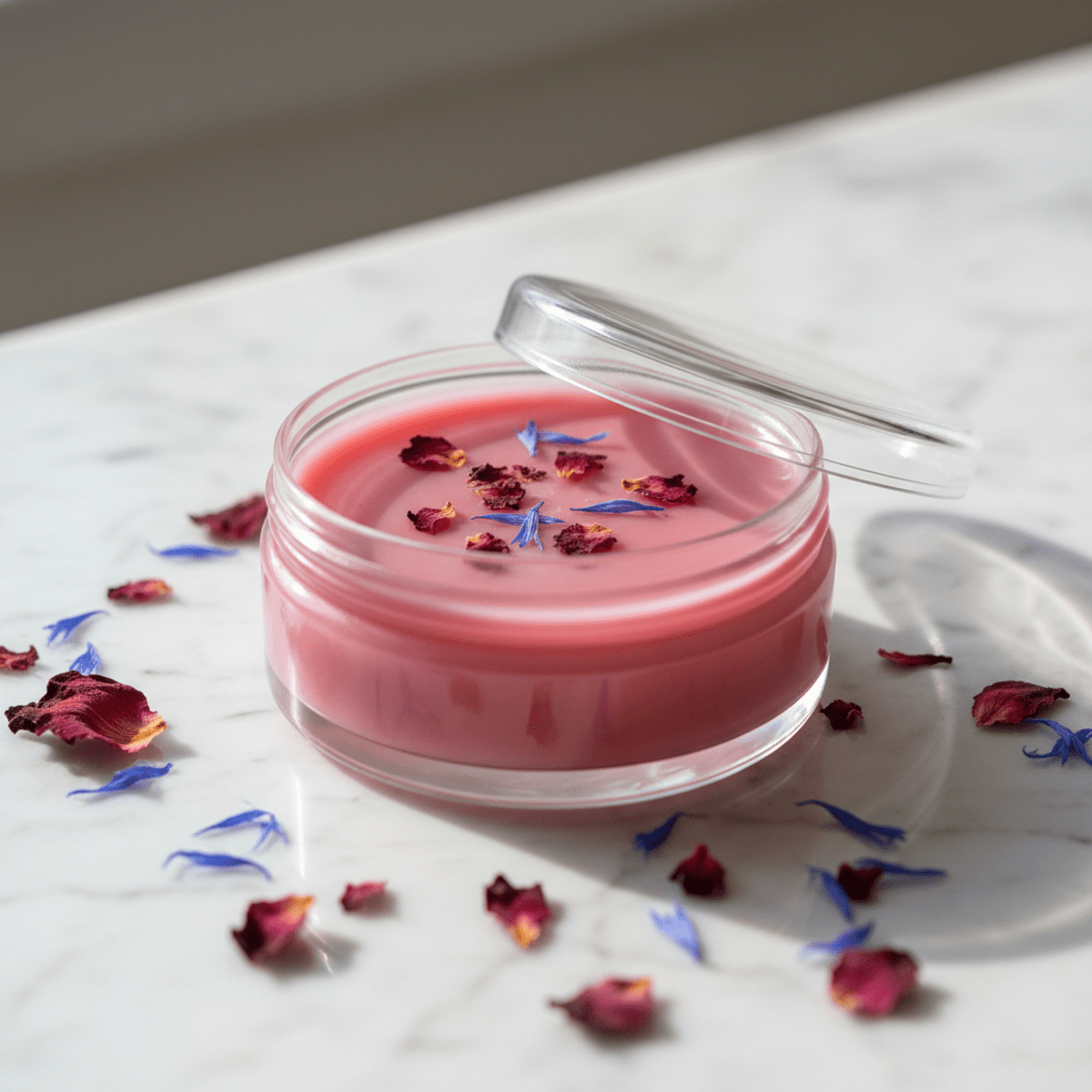 Close-up of pink lip balm with rose petals, cornflower, and hibiscus in a clear tin.
