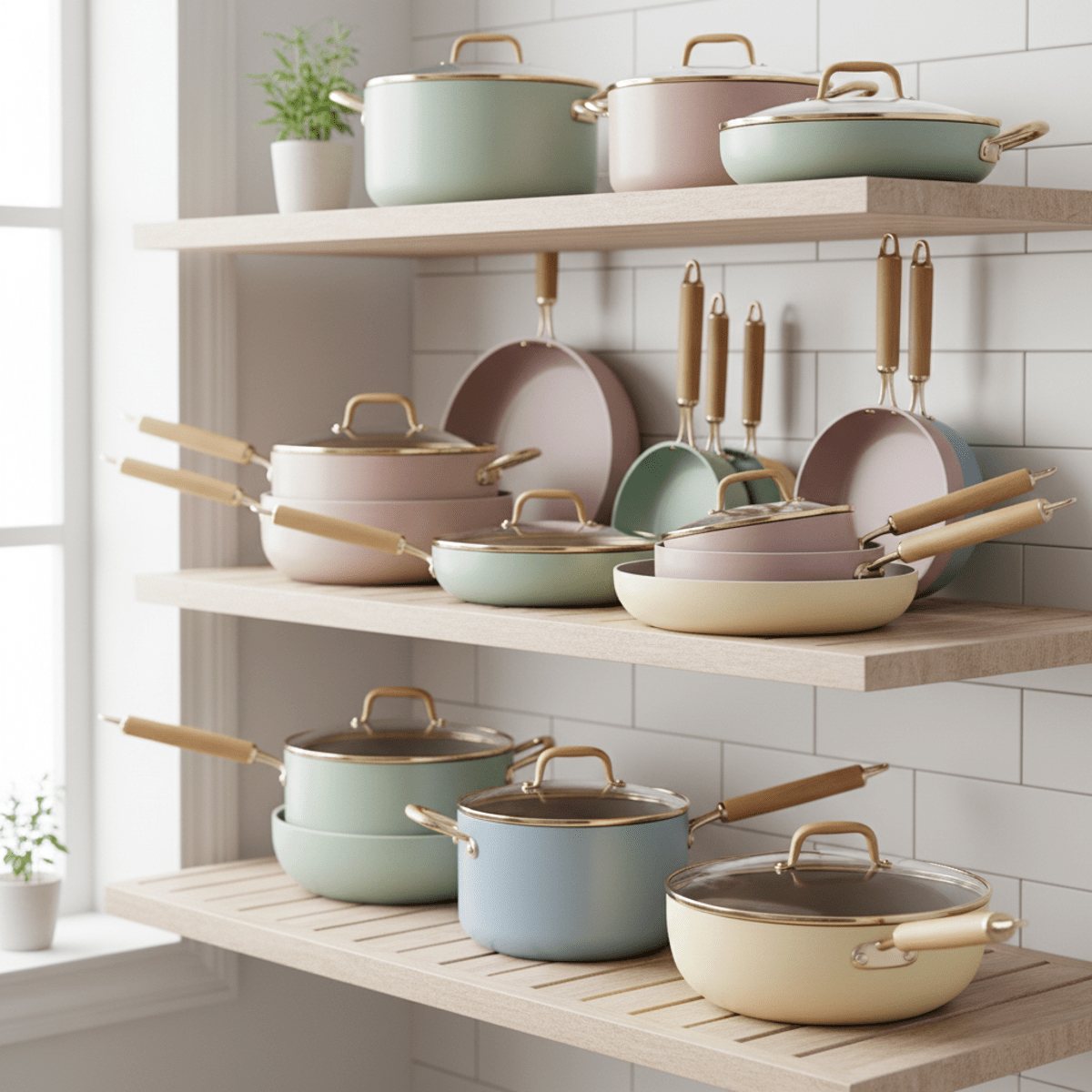 Pastel non-stick cookware set with gold accents on an elegant kitchen shelf.