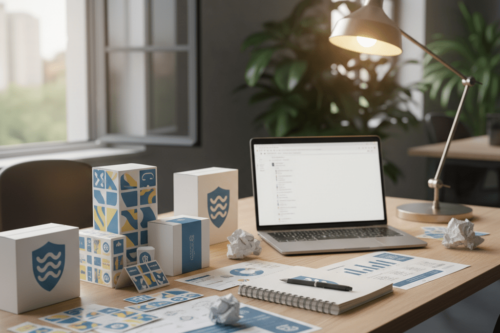 Desk with branding materials under natural light, representing efforts to prevent trademark loss and genericization