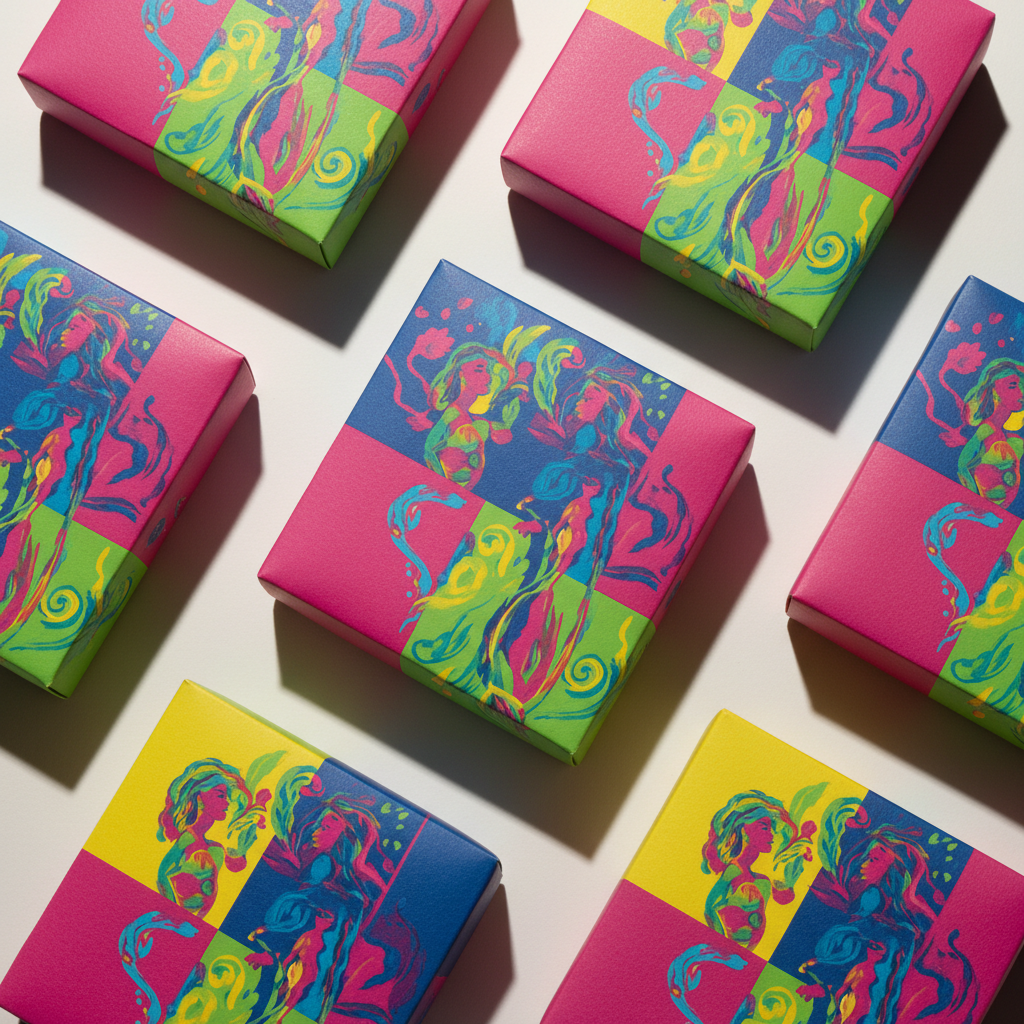 Flat lay of colorful maternity pad boxes with abstract patterns and female illustrations.