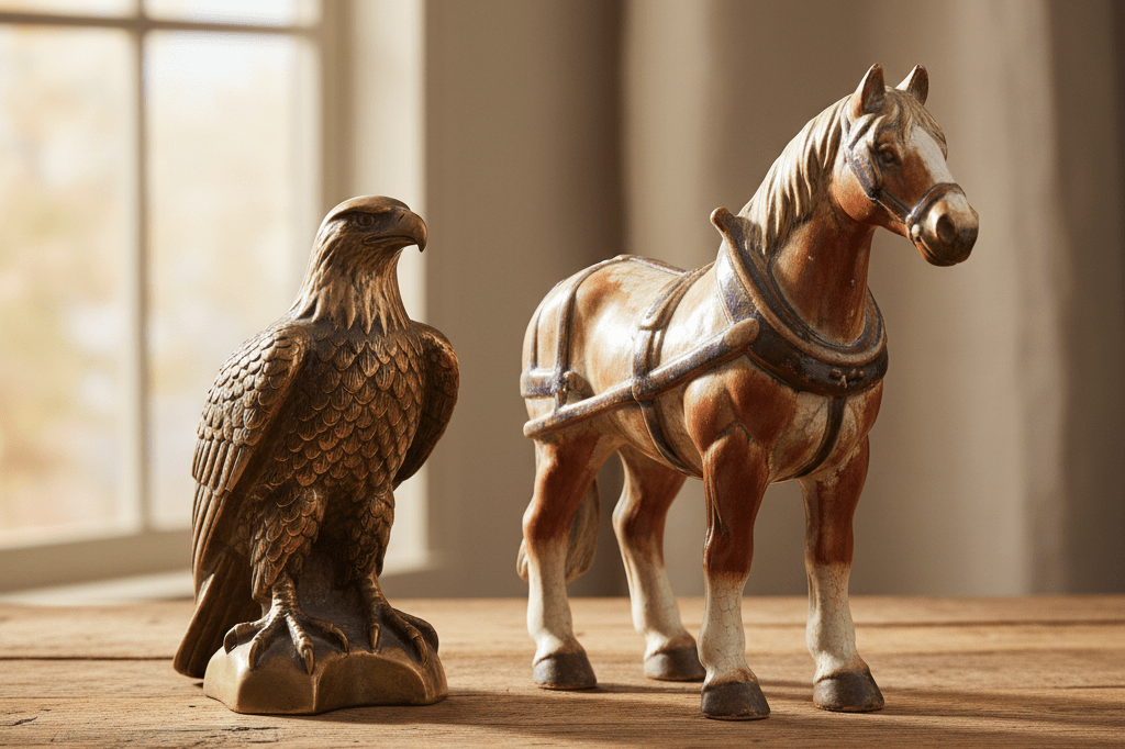 Close-up of vintage-style bald eagle and ceramic Clydesdale figurines on weathered wood table in natural light