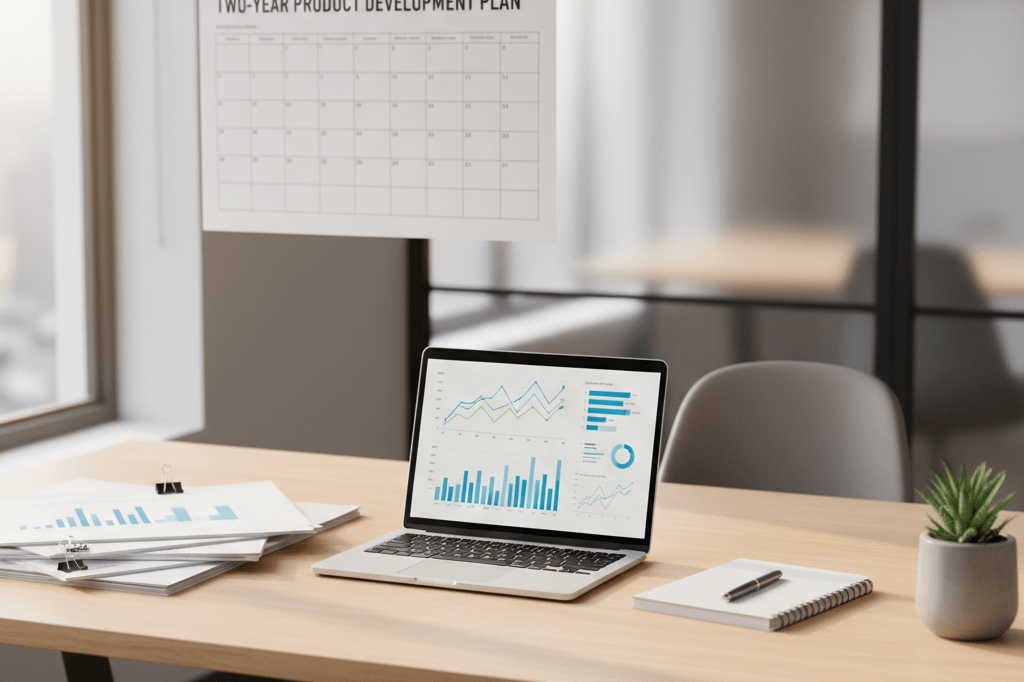 Desk with laptop showing analytics, documents, and calendar lit by natural light, representing thoughtful product lifecycle management