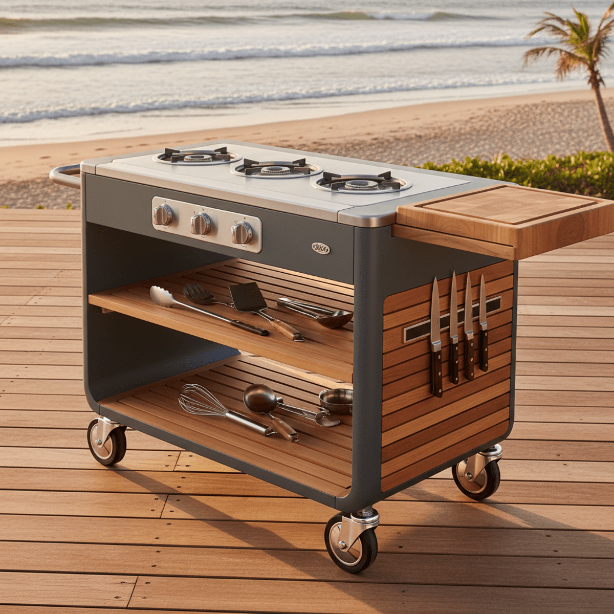Sophisticated movable gas stove on bar cart on beachside deck, golden hour.