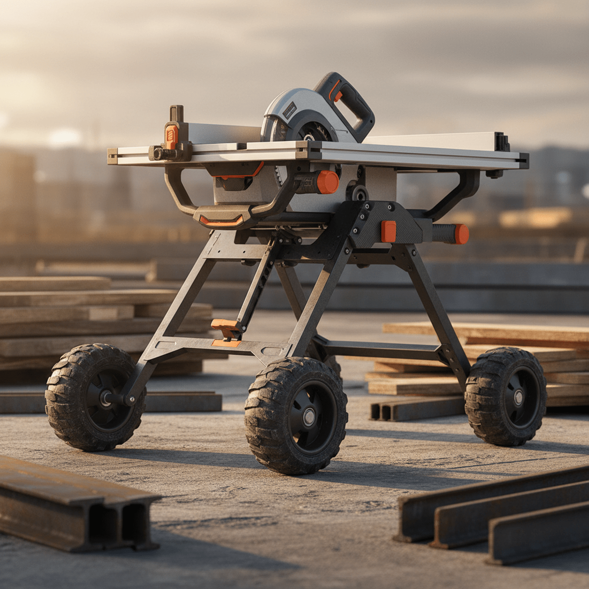 Futuristic cordless table saw on a gravity-rise stand at a dusty construction site.