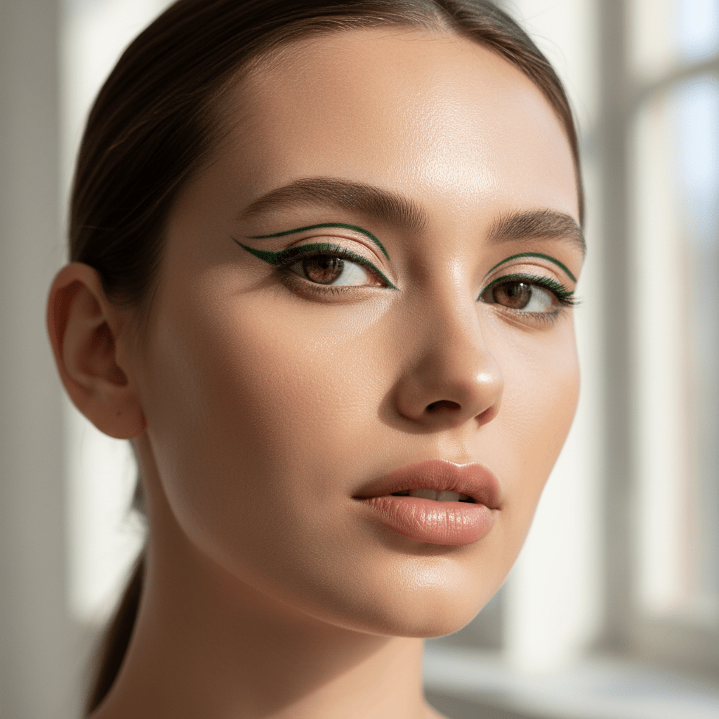 Model with dewy skin and precise forest-green floating eyeliner in studio.