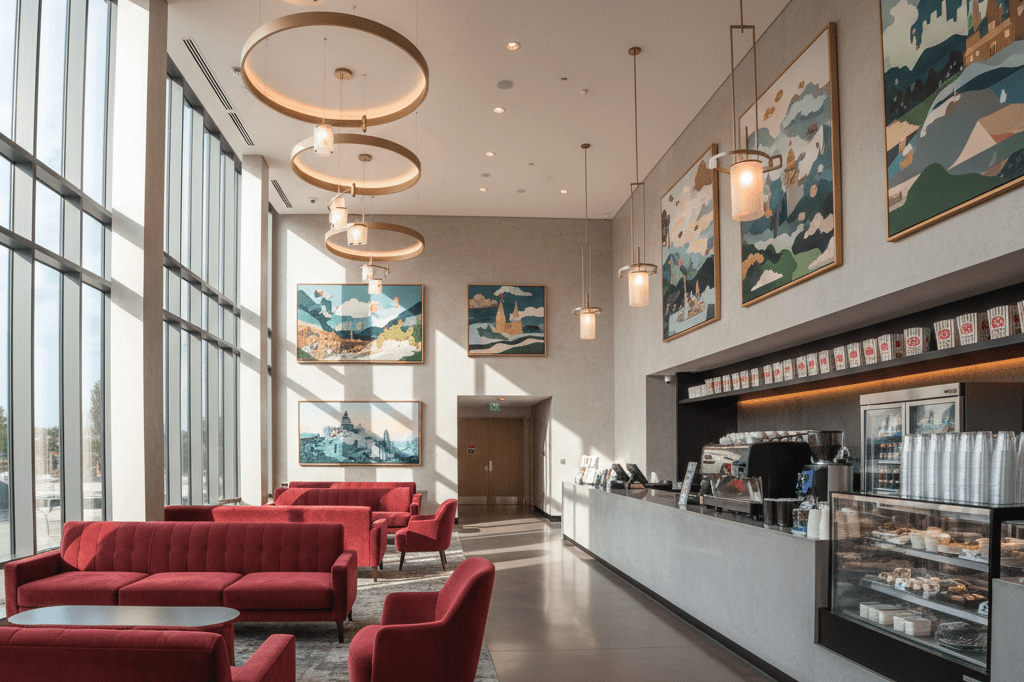Empty modern theater lobby with stylish seating, concessions, and artistic posters under warm glowing lights