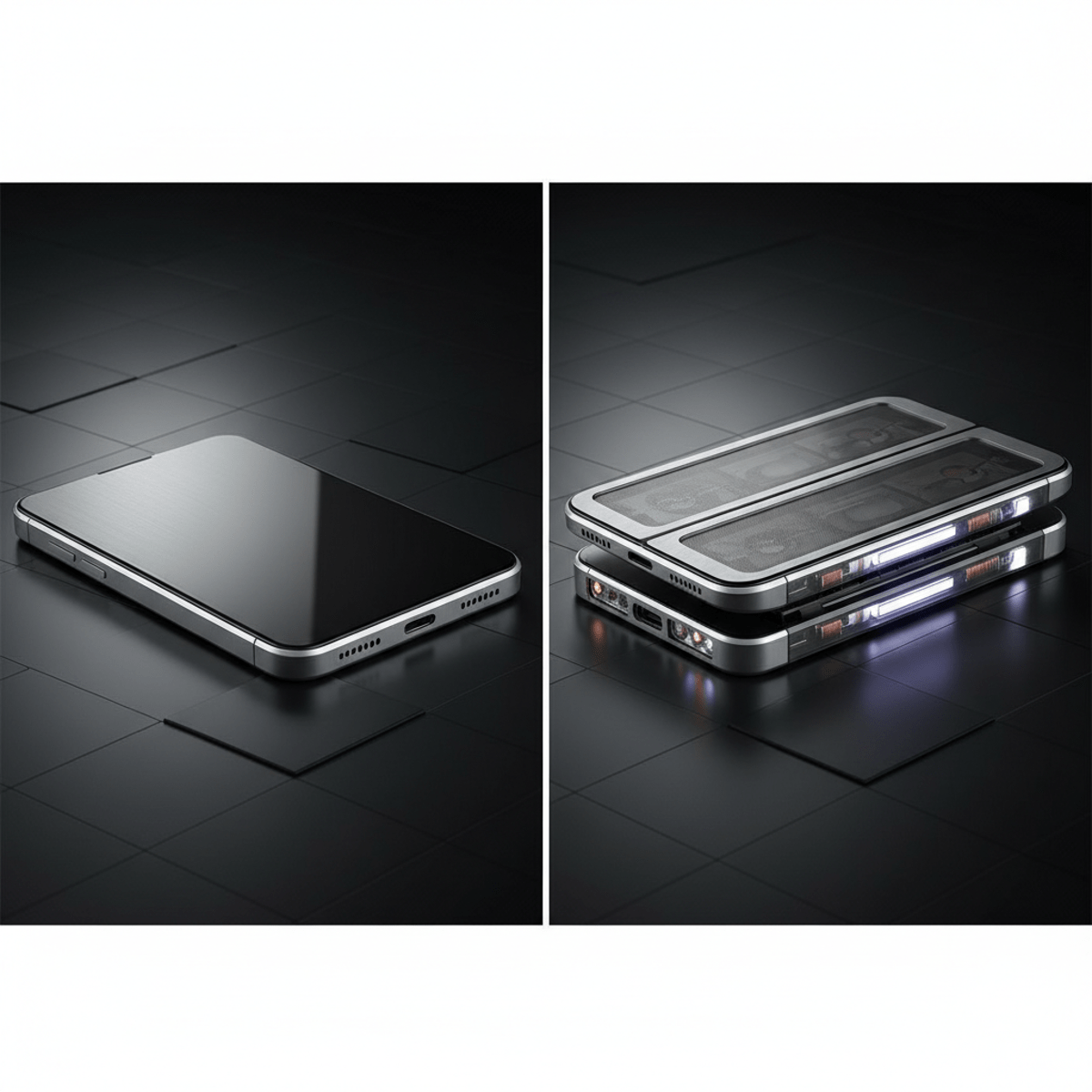 Futuristic slider phone in open and closed positions on acoustic panel.