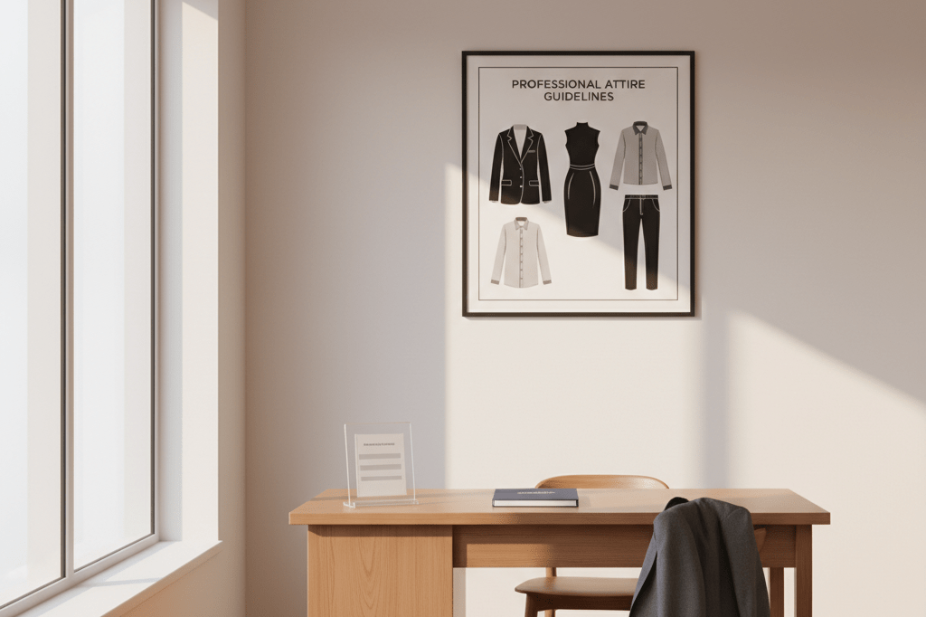 Neatly arranged retail workspace showcasing abstract dress code guidelines under natural light